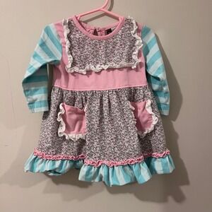 Banana Split Girls Dress Floral Ruffle Pockets Long Sleeve Pink‎ Blue 12M